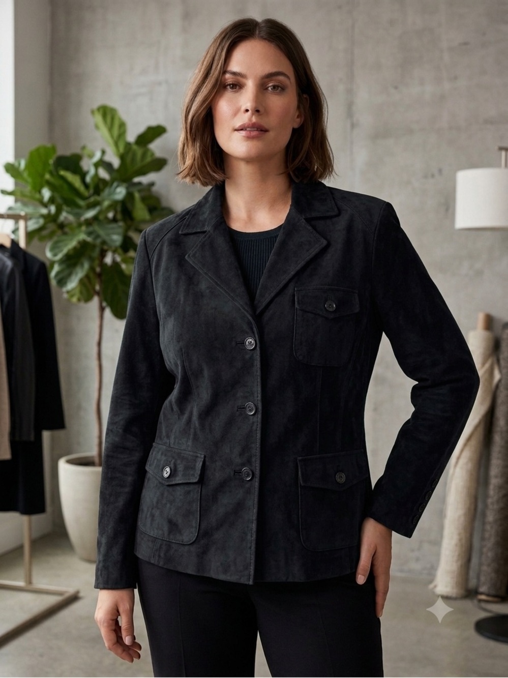 ANNE KLEIN Coat Women’s Large Black Suede Leather Safari Jacket Blazer SIZE LG